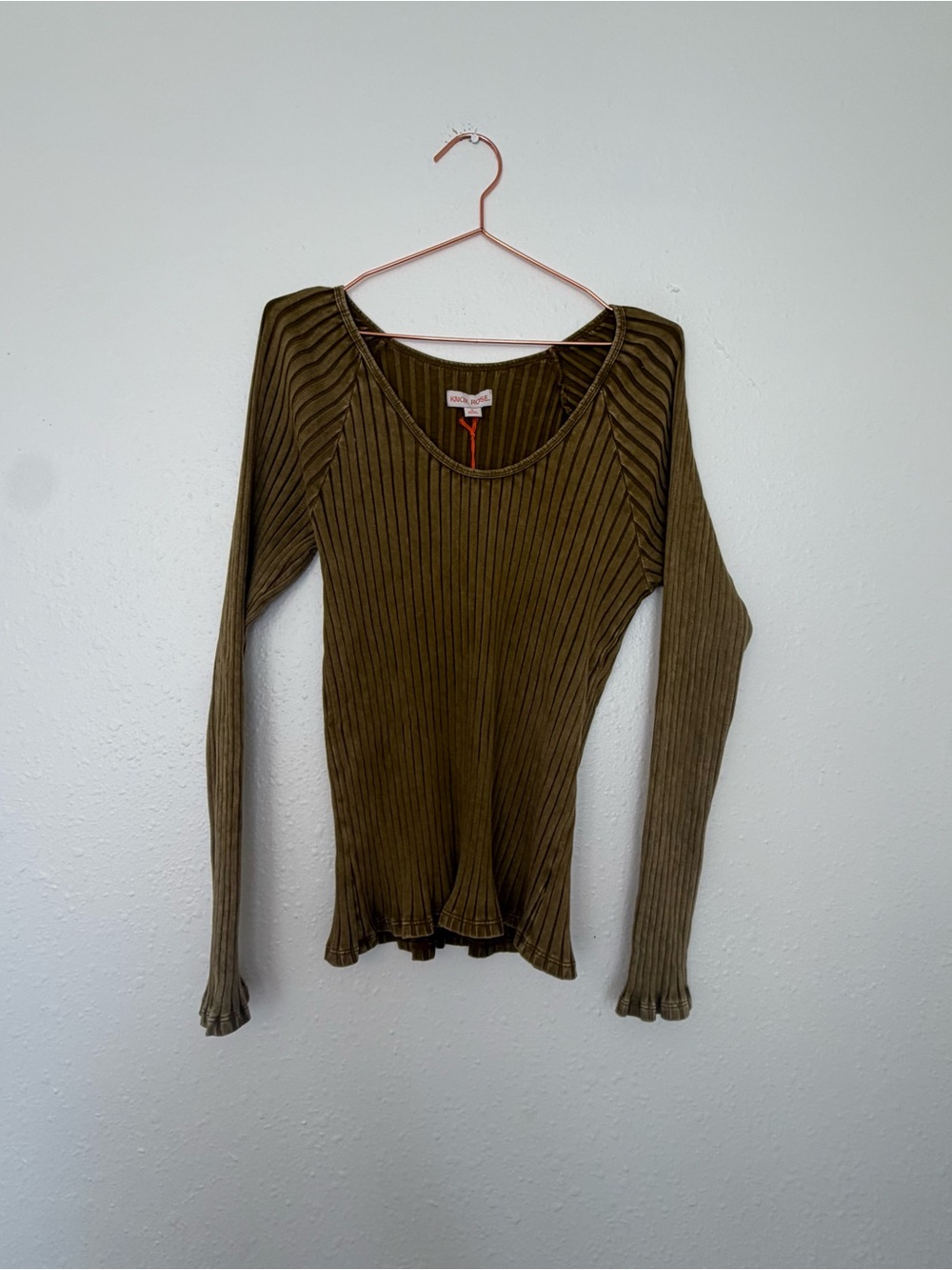 Knox Rose Olive Ribbed Long Sleeve Scoop Neck Top